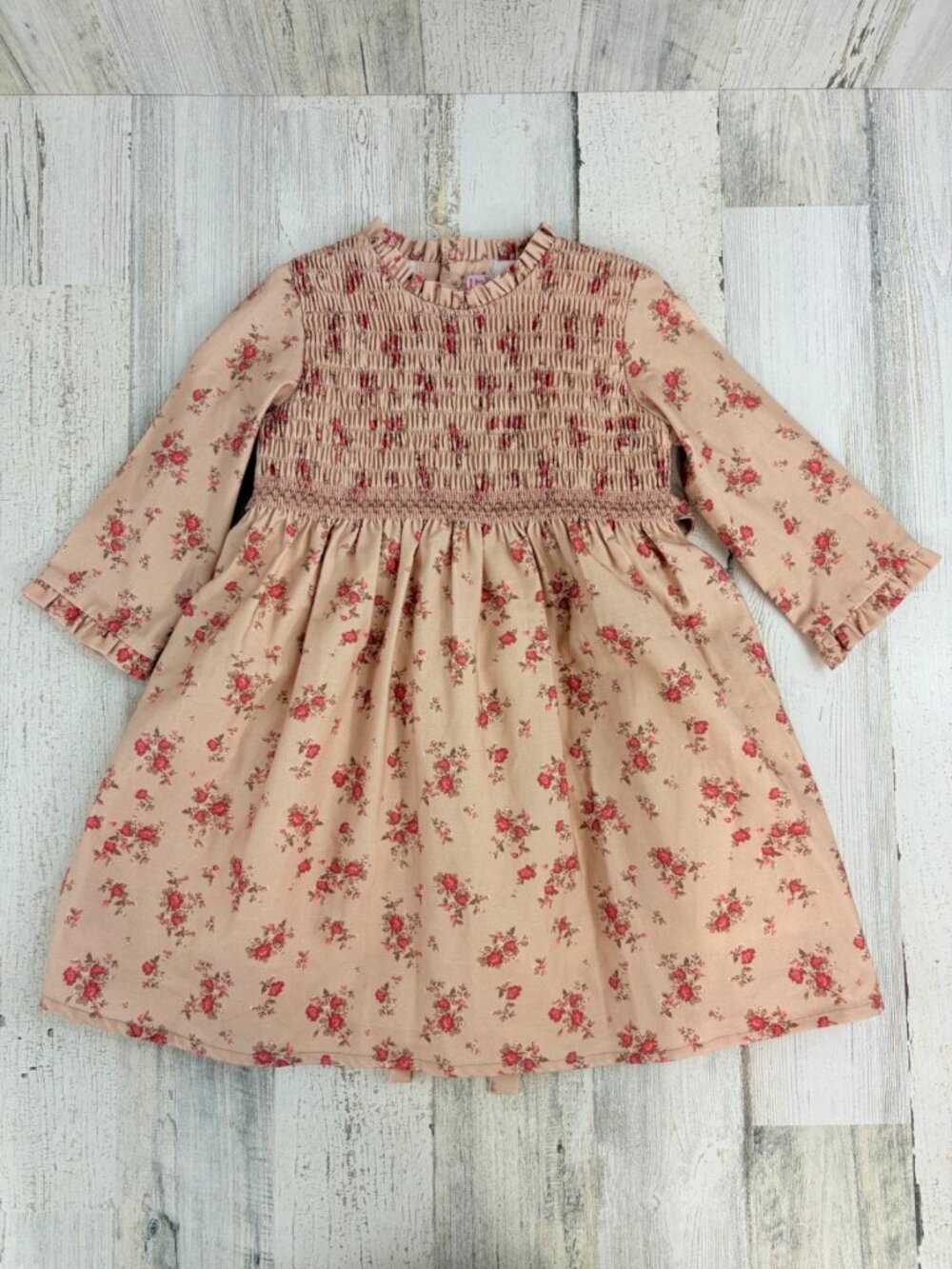 La Coqueta Girls Sz 4 Beige Rose Floral Girls Smocked Dress EUC